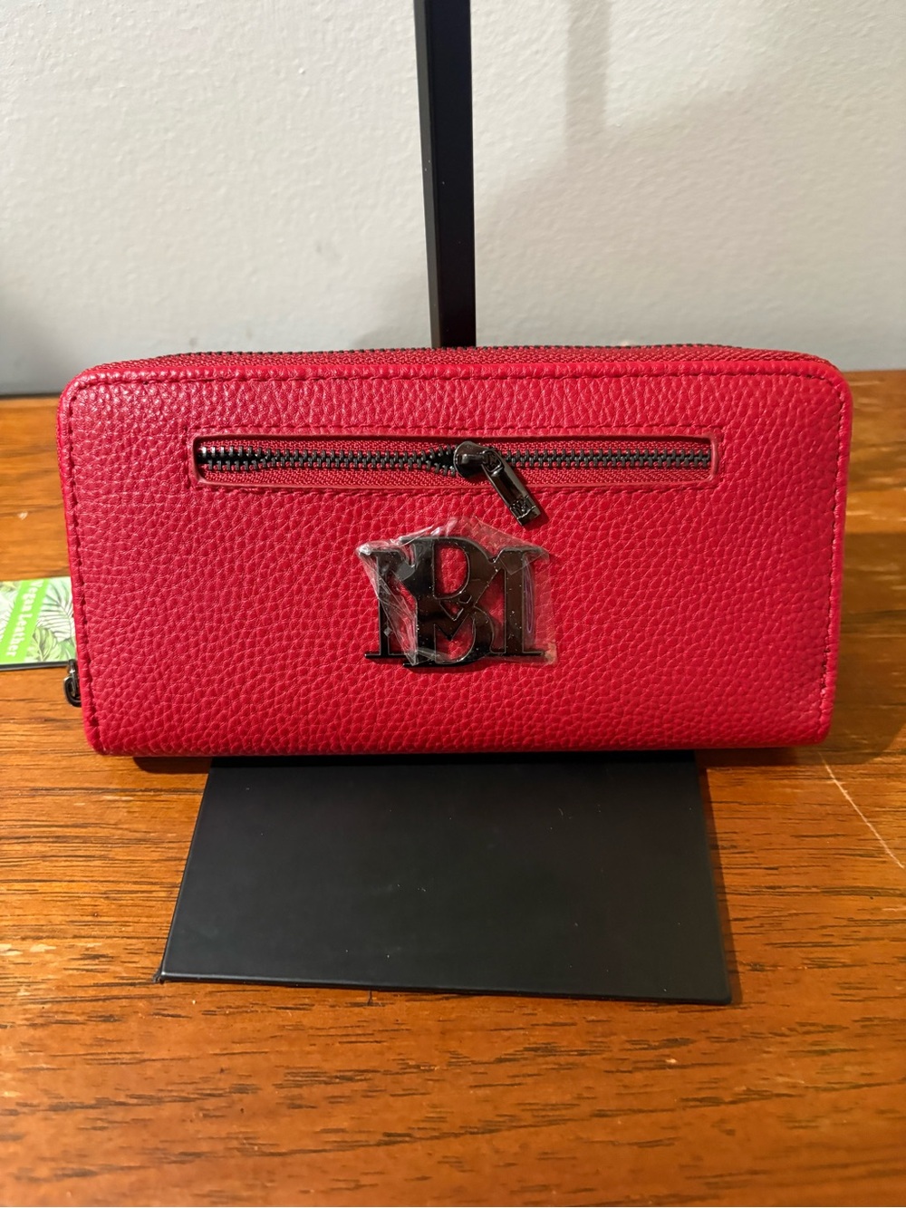 Badgley Mischka Red Pebbled Leather Zip Pouch with Black Logo Accent